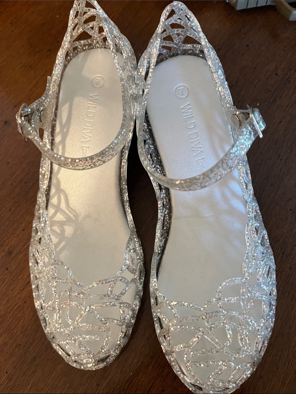 Wild Diva Silver Glitter Cutout Jelly Flats with Ankle Strap